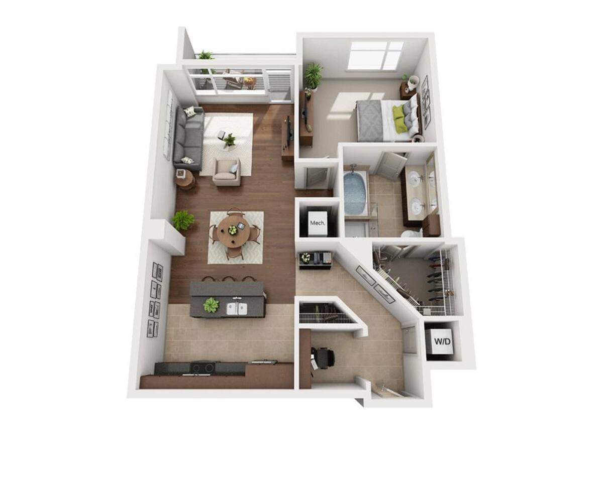 Floorplan diagram for Plan E (A1E), showing 1 bedroom