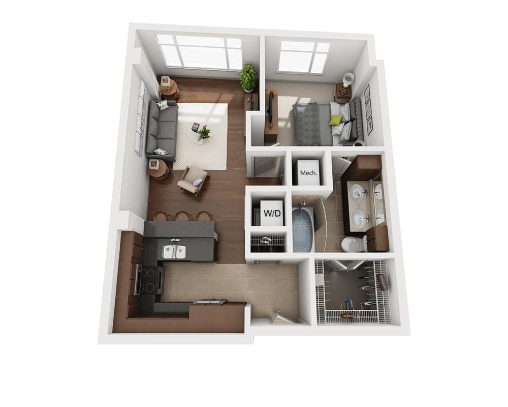 Plattegrond voor Plan B (A1B), met 1 slaapkamer