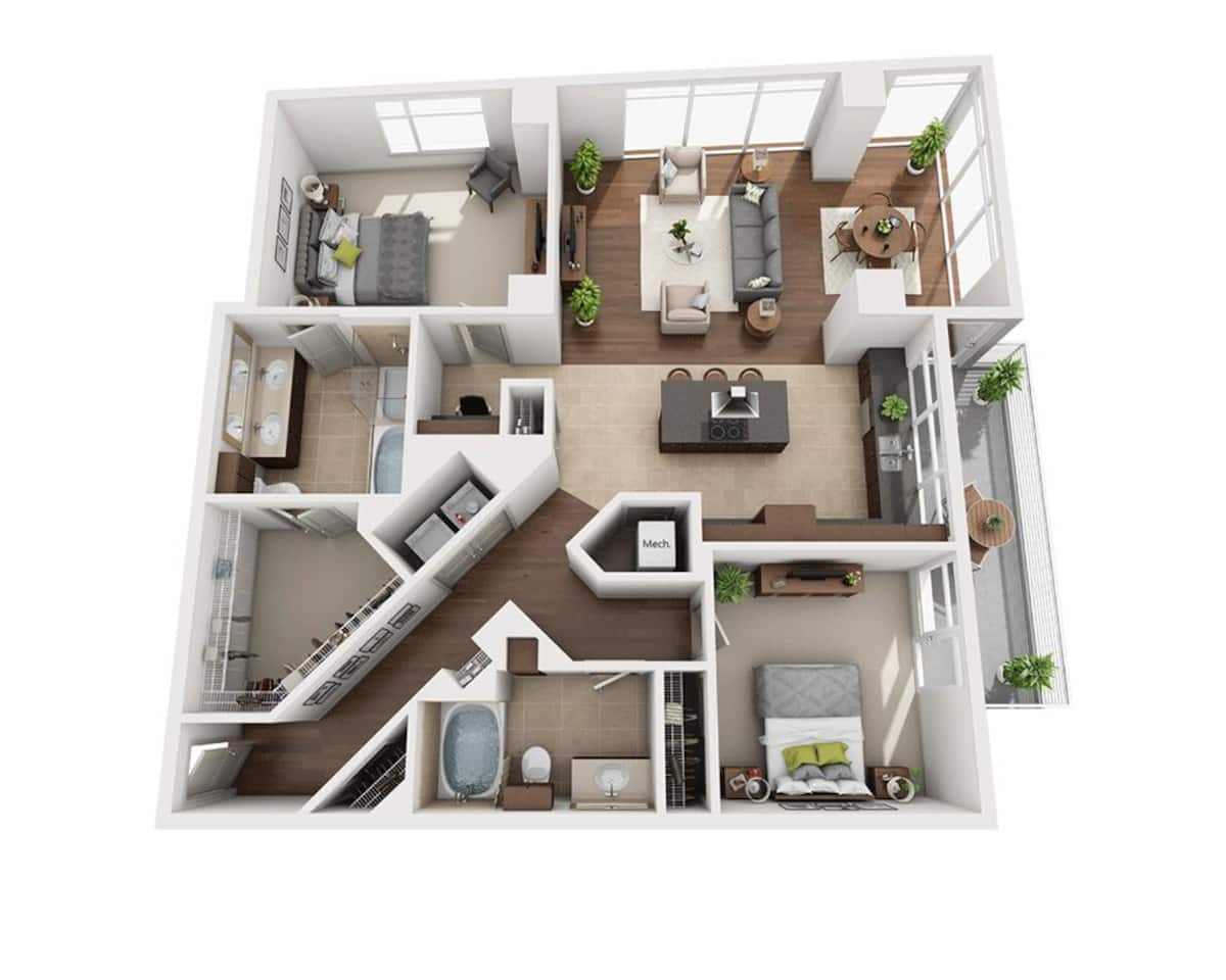 Floorplan diagram for Plan N (B2D), showing 2 bedroom