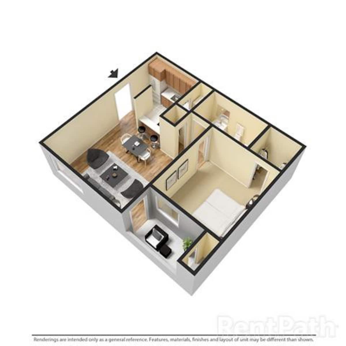 Floorplan diagram for 1 BEDROOM 1 BATH, showing 1 bedroom