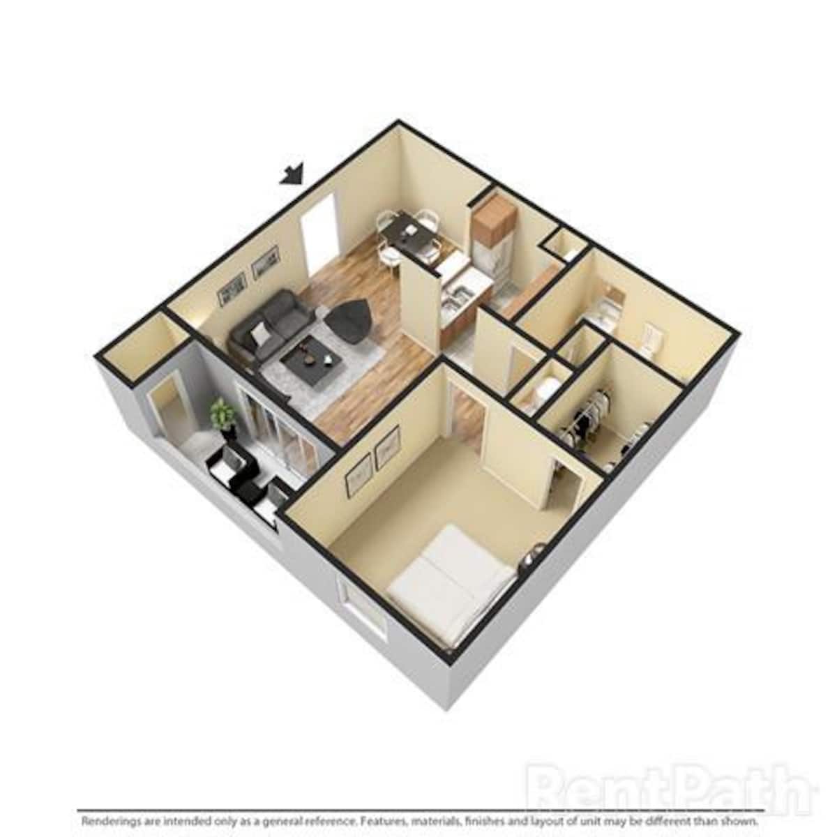 Floorplan diagram for 1 BEDROOM 1 BATH, showing 1 bedroom