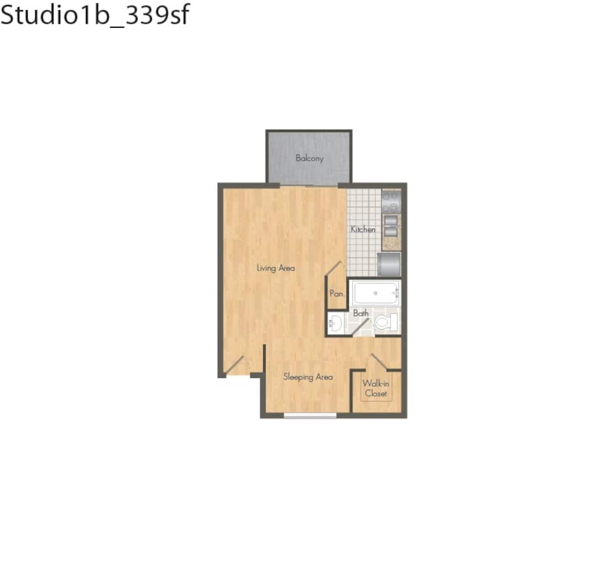 Floorplan diagram for E1 Affordable, showing Studio