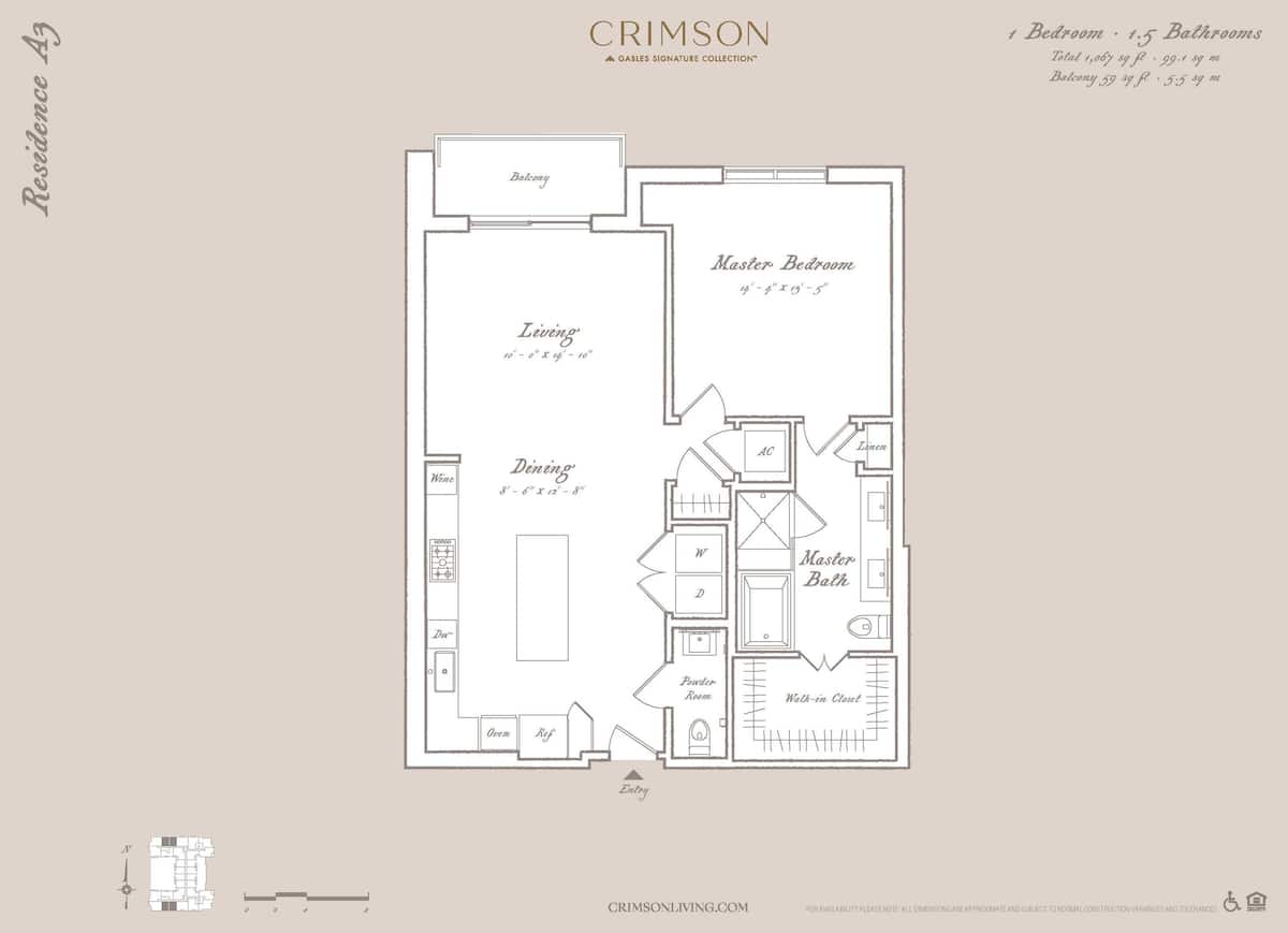 Floorplan diagram for Residence A3, showing 1 bedroom