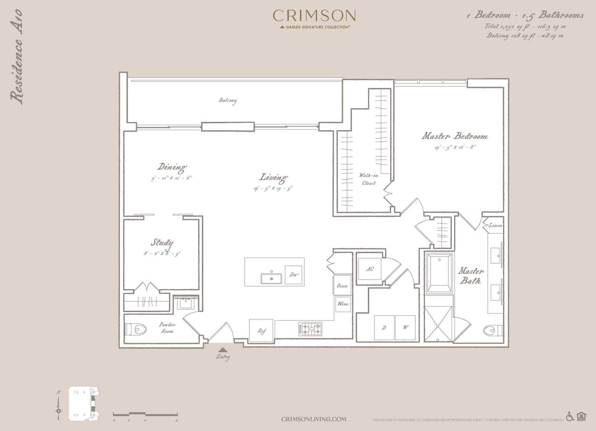 Floorplan diagram for Residence A10 with study, showing 1 bedroom
