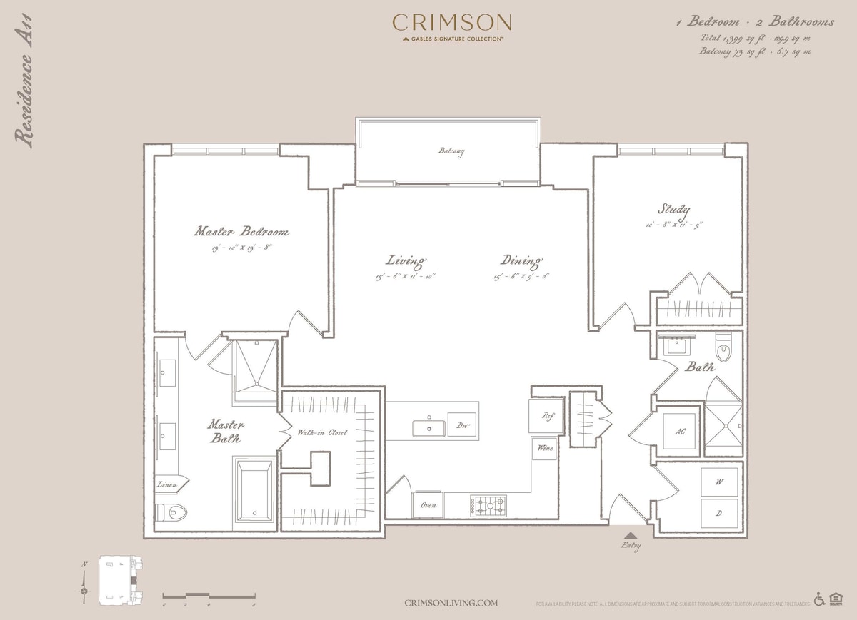 Floorplan diagram for Residence A11 with study, showing 1 bedroom