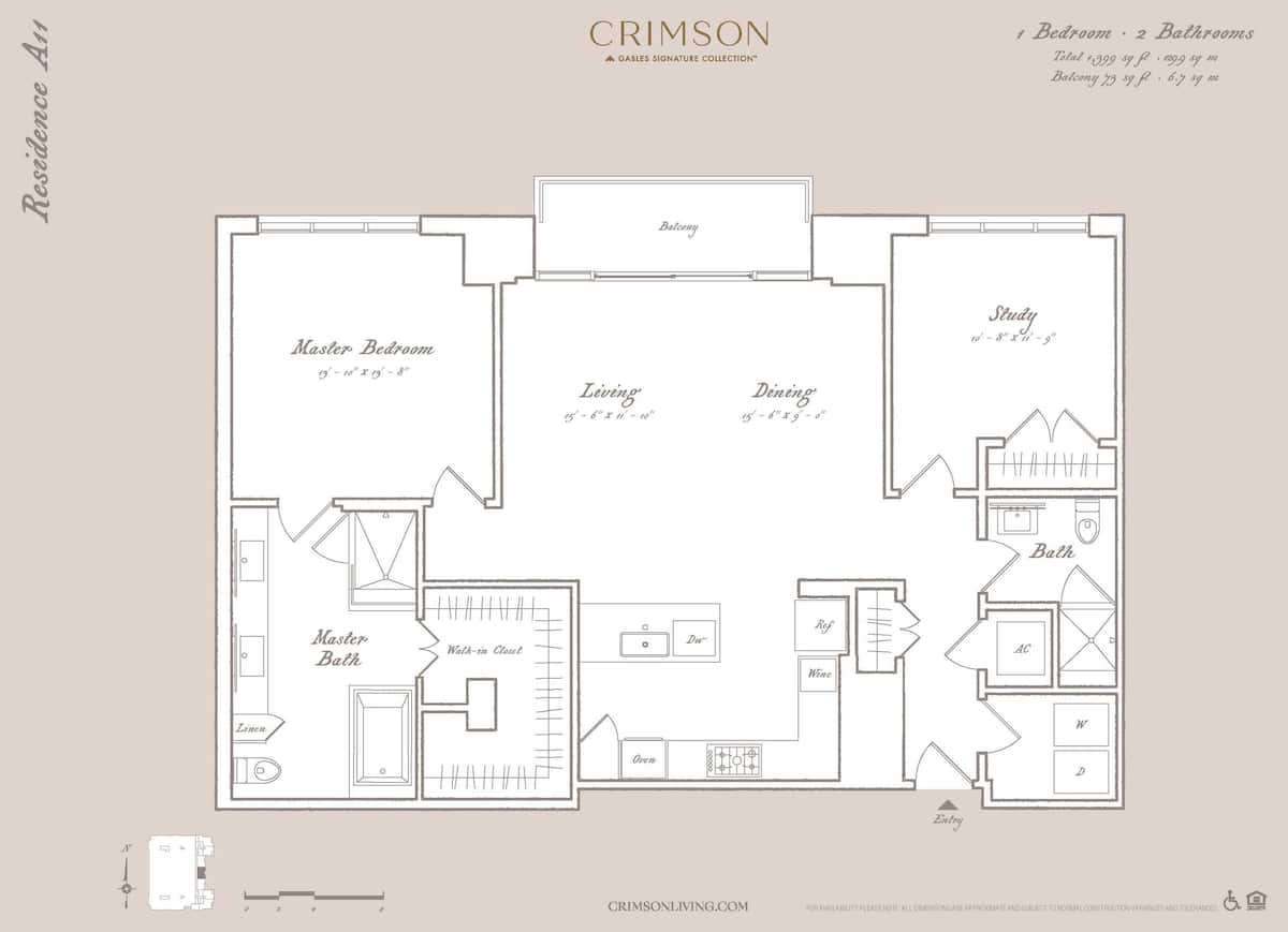 Floorplan diagram for Residence A11 with study, showing 1 bedroom