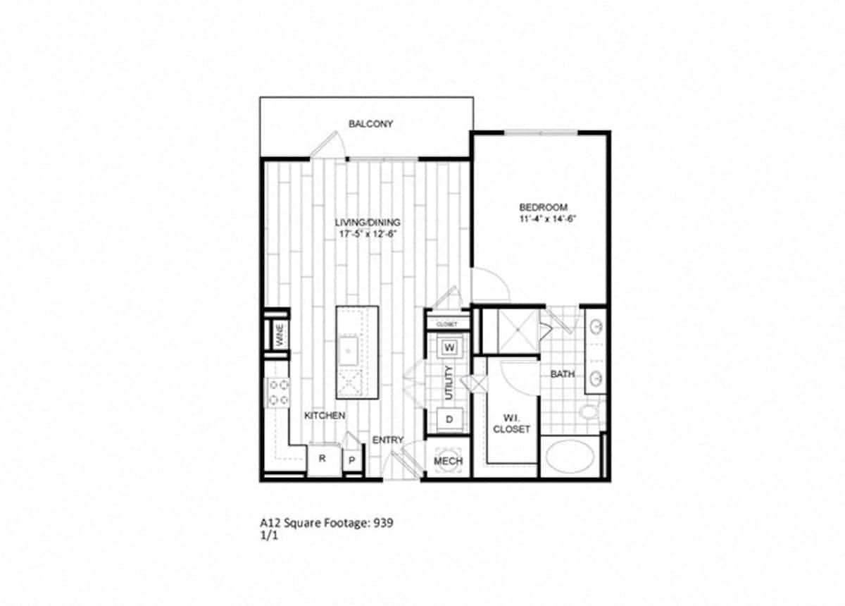 Floorplan diagram for A12, showing 1 bedroom