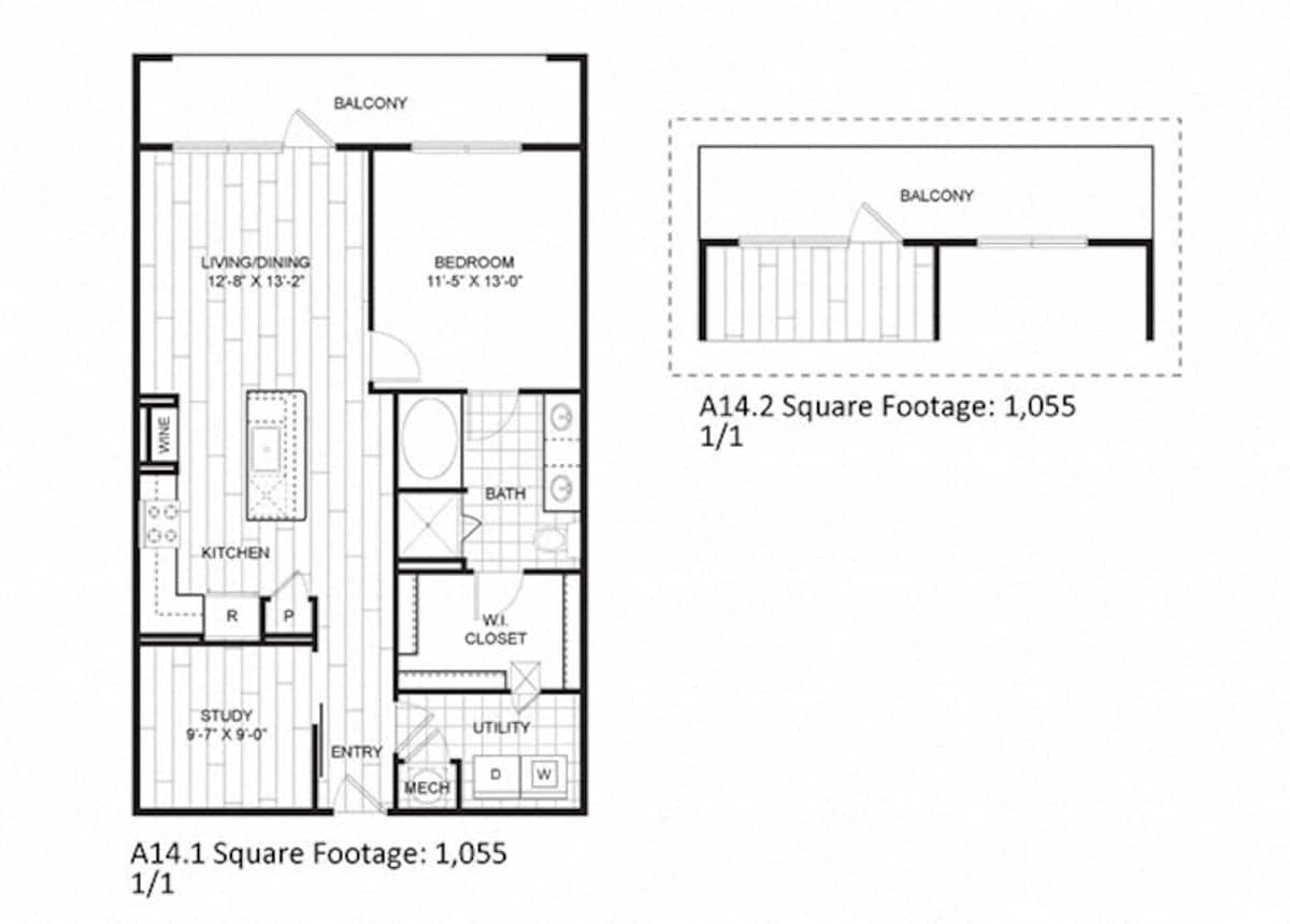 Floorplan diagram for A14, showing 1 bedroom