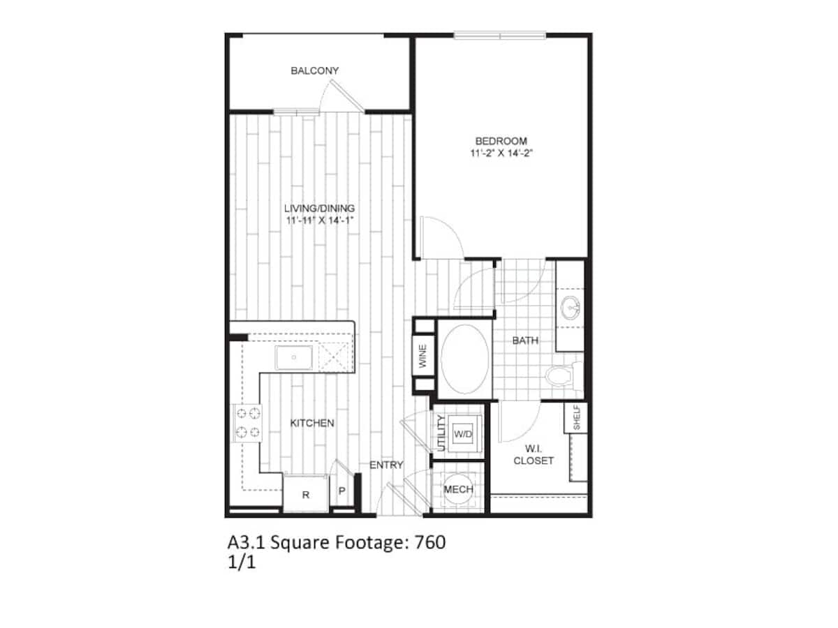 Floorplan diagram for A3A, showing 1 bedroom