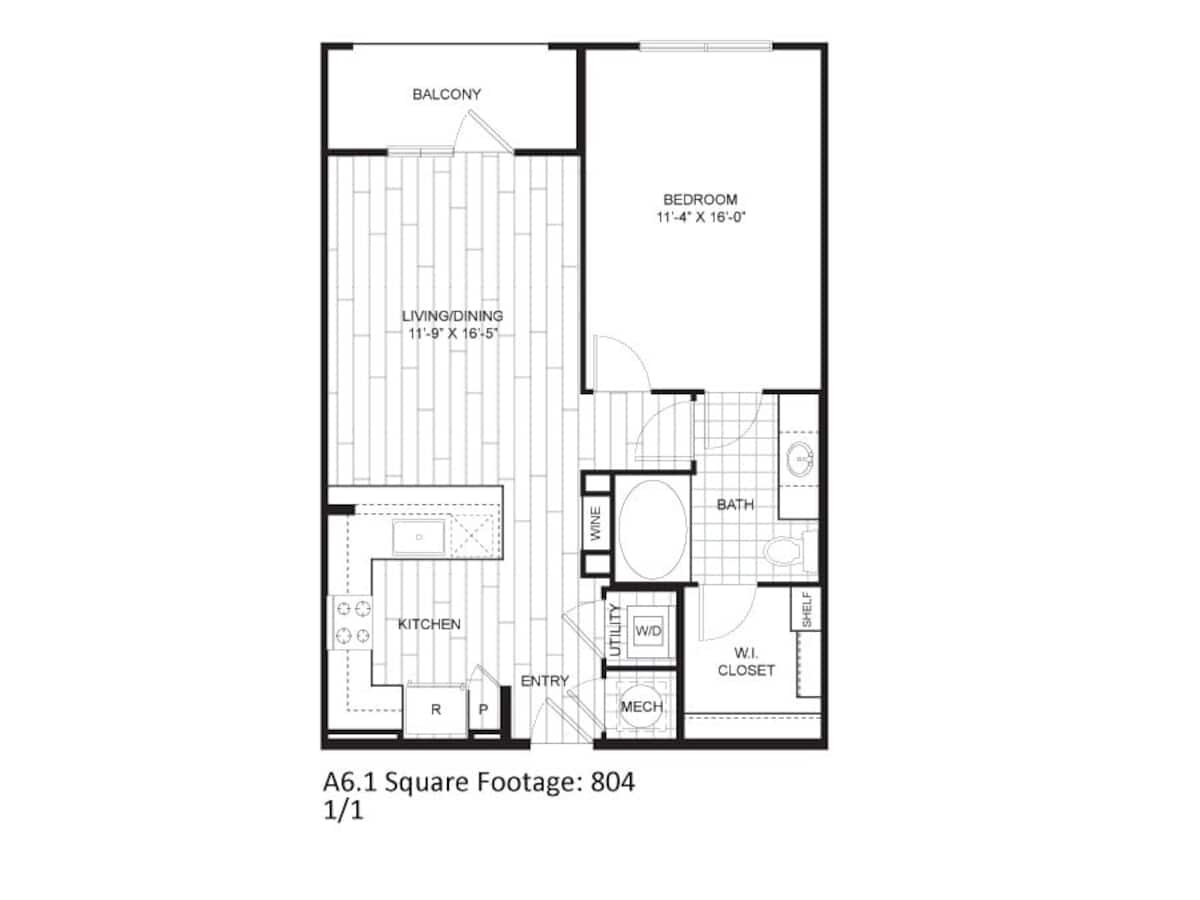 Floorplan diagram for A6A, showing 1 bedroom