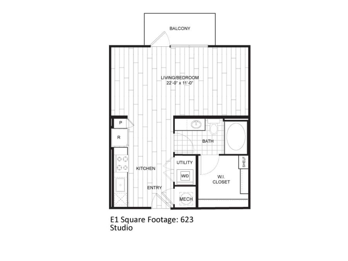 Floorplan diagram for E1A, showing Studio