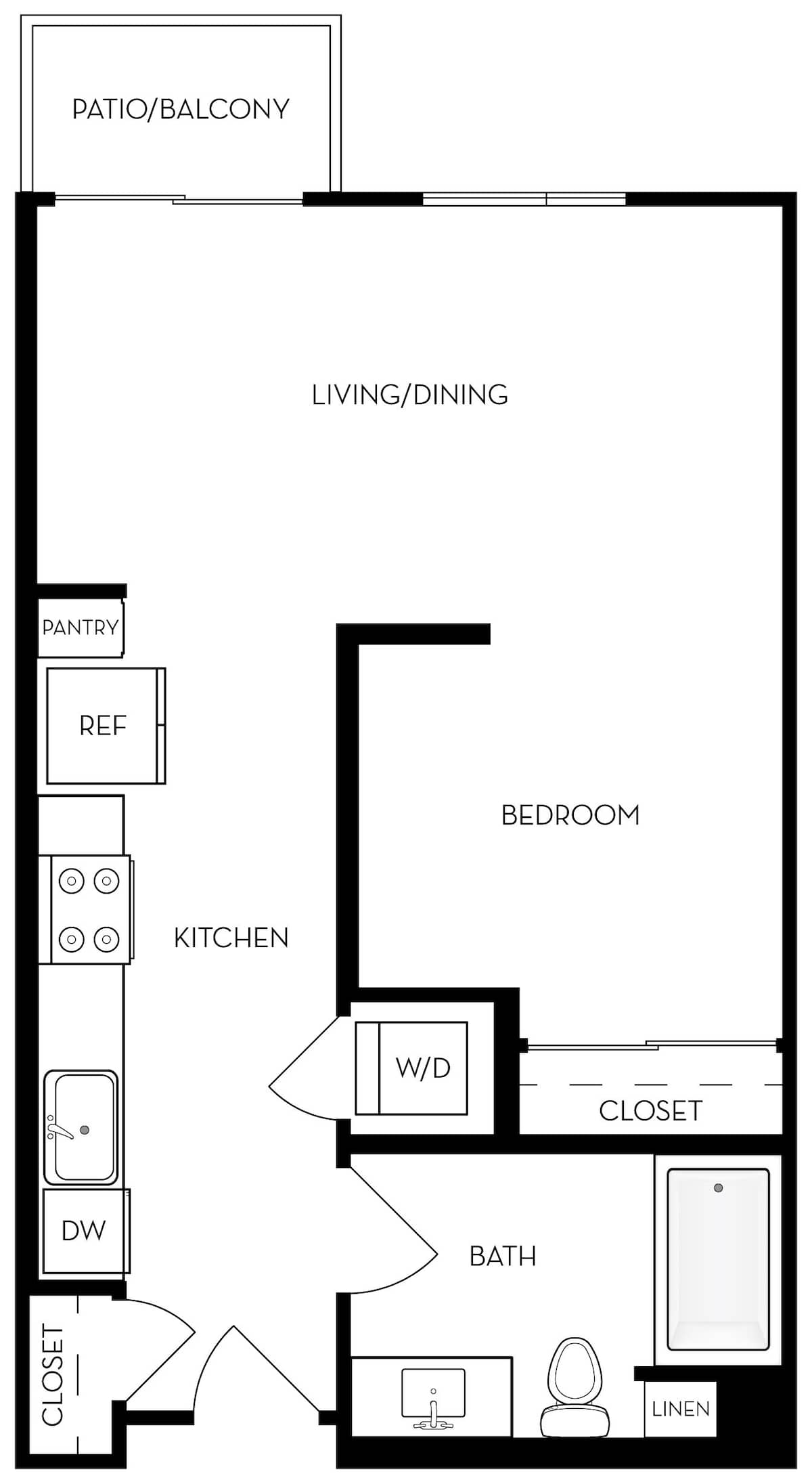 Floorplan diagram for E1 - Junior 1BR 1BA Flat, showing 1 bedroom