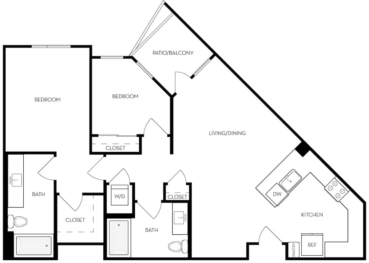 Floorplan diagram for B3u - 2BR 2BA Flat, showing 2 bedroom