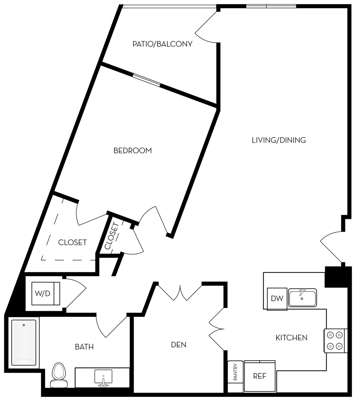 Floorplan diagram for A5d - 1BR 1BA Flat + Den, showing 1 bedroom