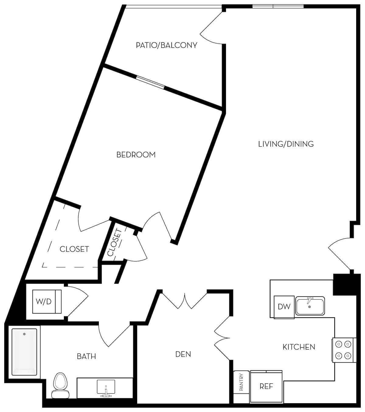 Floorplan diagram for A5d - 1BR 1BA Flat + Den, showing 1 bedroom