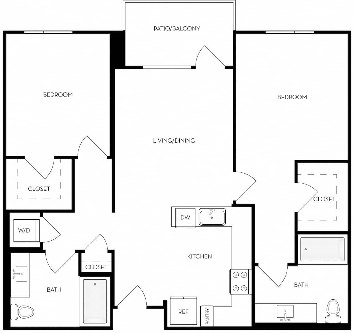 Floorplan diagram for B1 - 2BR 2BA Flat, showing 2 bedroom