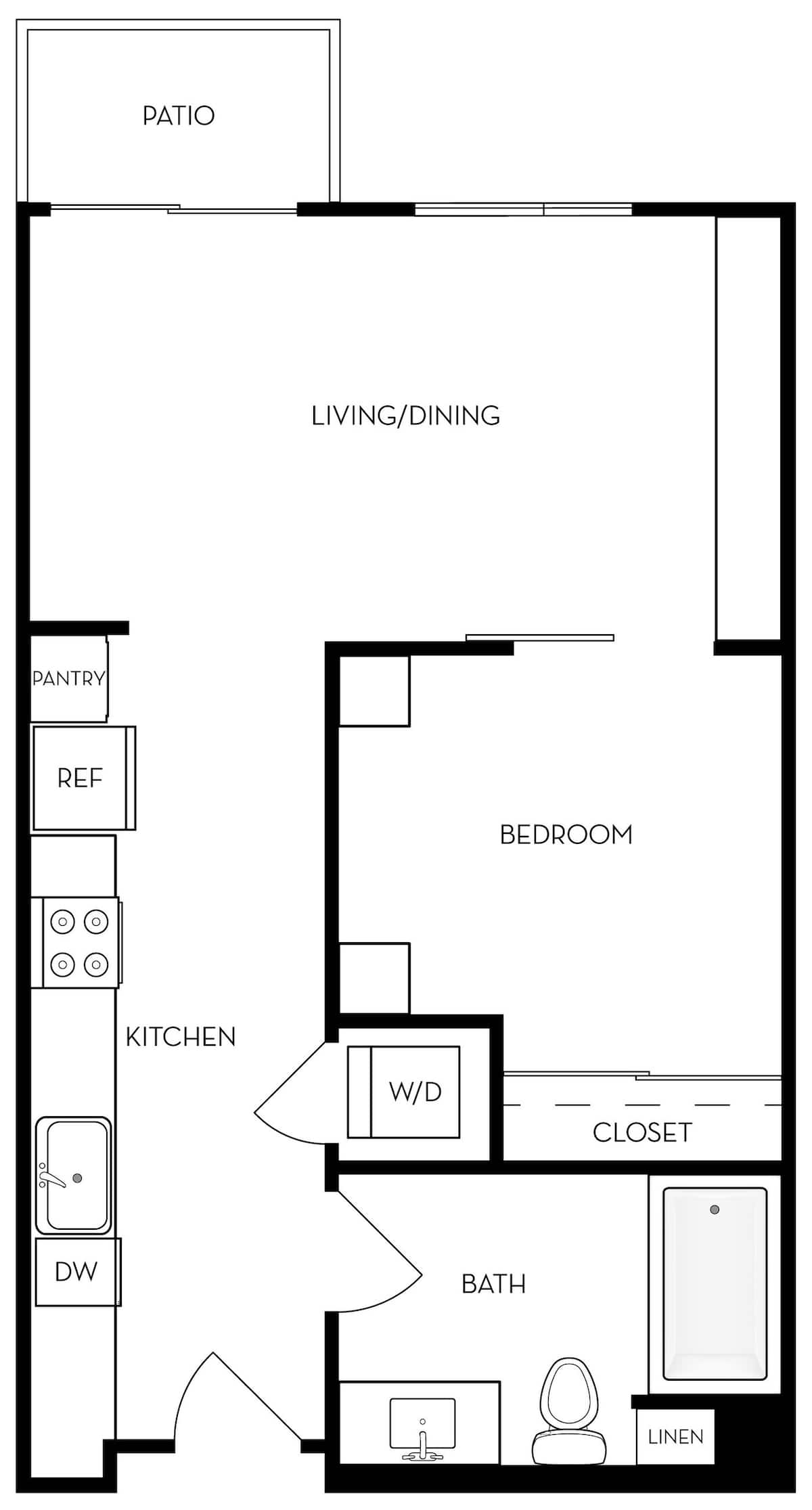 Floorplan diagram for E1h - Junior 1BR 1BA Euro Style Flat , showing 1 bedroom