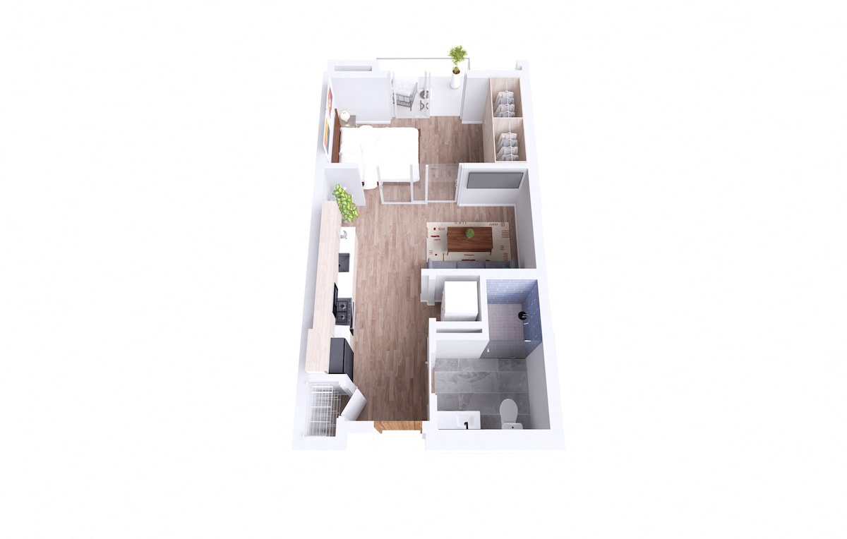1 Bedroom, 1 Bath  üçün mərtəbə planı diaqramı, 1 yataq otağı göstərilir
