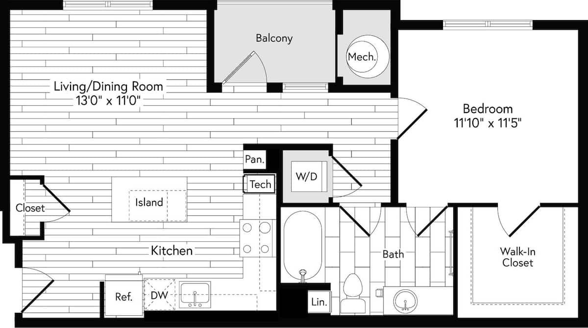 Floorplan diagram for 1A EAST, showing 1 bedroom