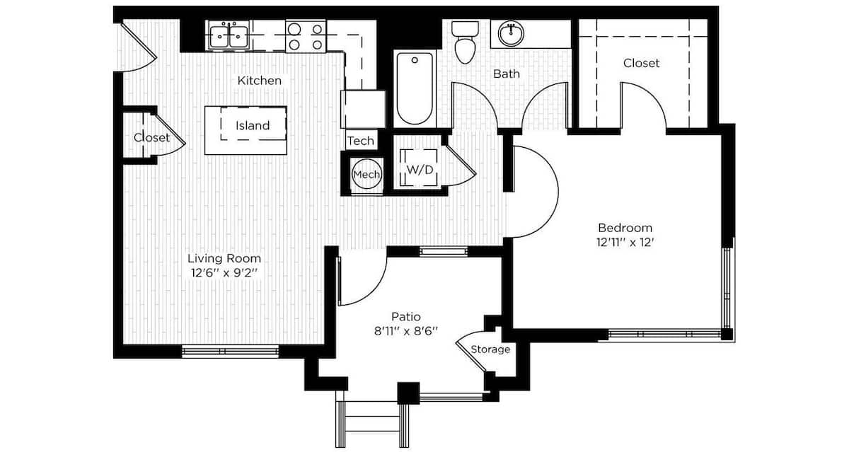 Floorplan diagram for 1BC PATIO WEST , showing 1 bedroom