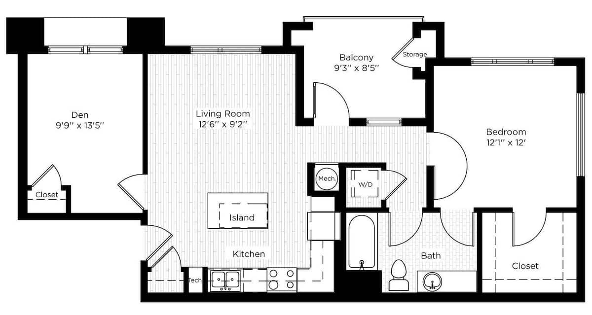 Floorplan diagram for 1 DEN WEST, showing 1 bedroom