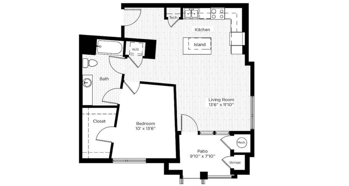 Floorplan diagram for 1F WEST, showing 1 bedroom