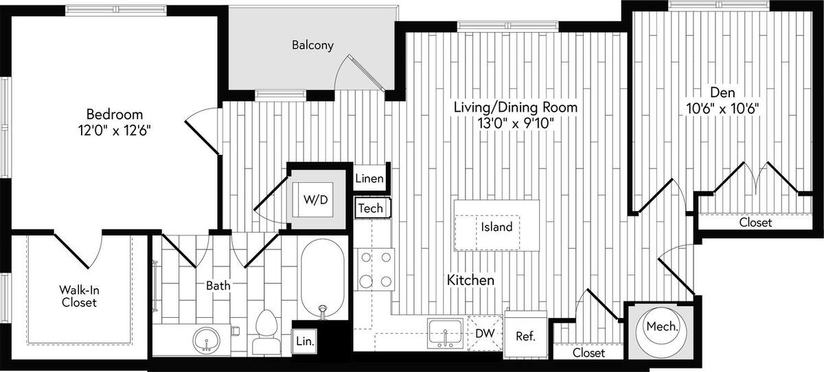 Floorplan diagram for 1 DEN EAST, showing 1 bedroom