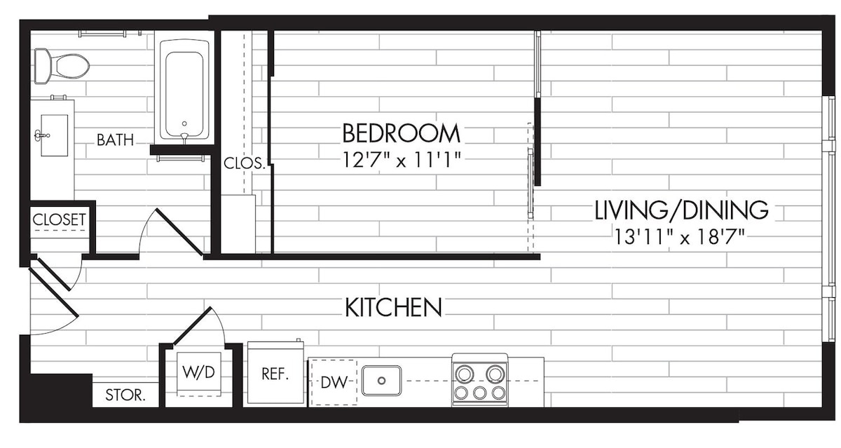 Sơ đồ mặt bằng cho 1E, hiển thị 1 phòng ngủ