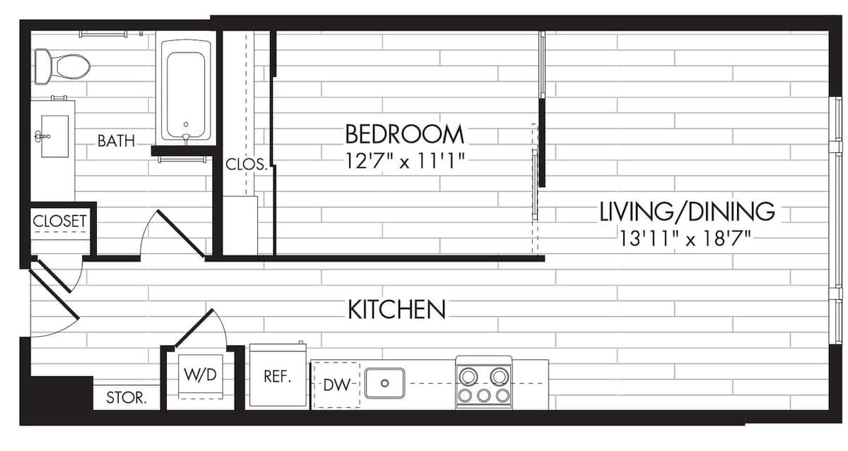 Floorplan diagram for 1E, showing 1 bedroom