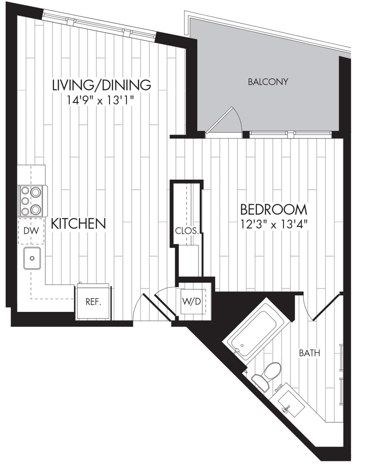 Floorplan diagram for 1B, showing 1 bedroom