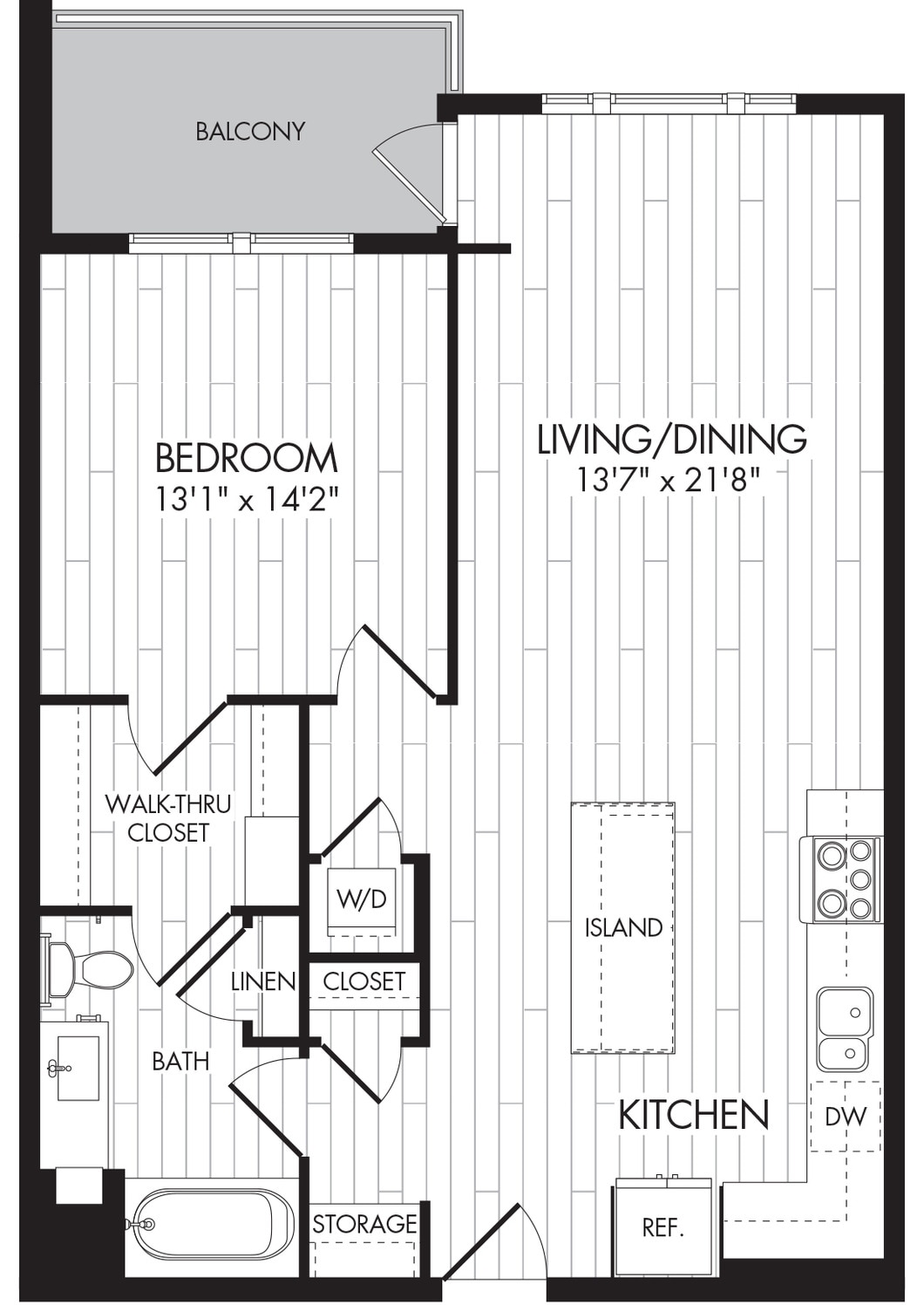 Sơ đồ mặt bằng cho 1P, hiển thị 1 phòng ngủ