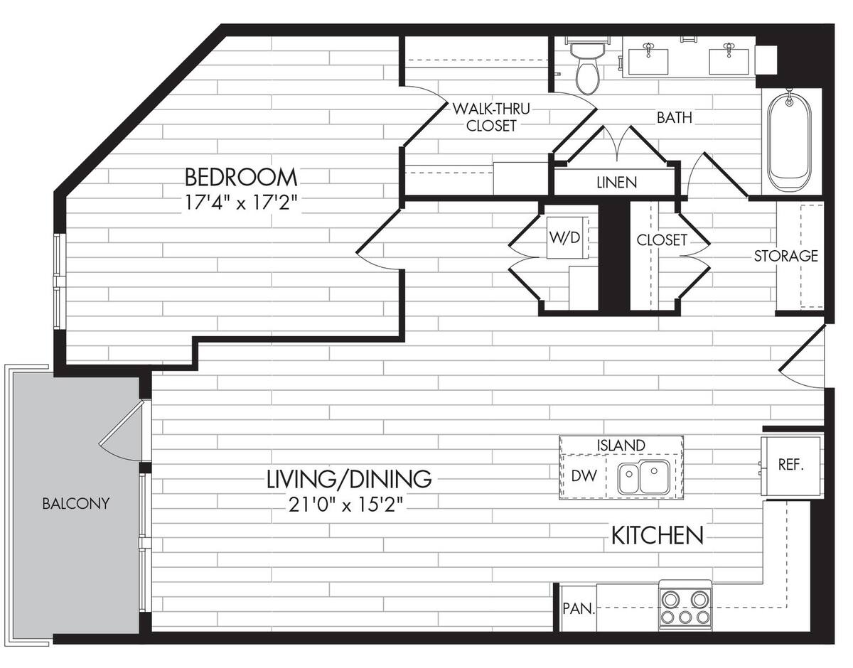 Floorplan diagram for 1T, showing 1 bedroom