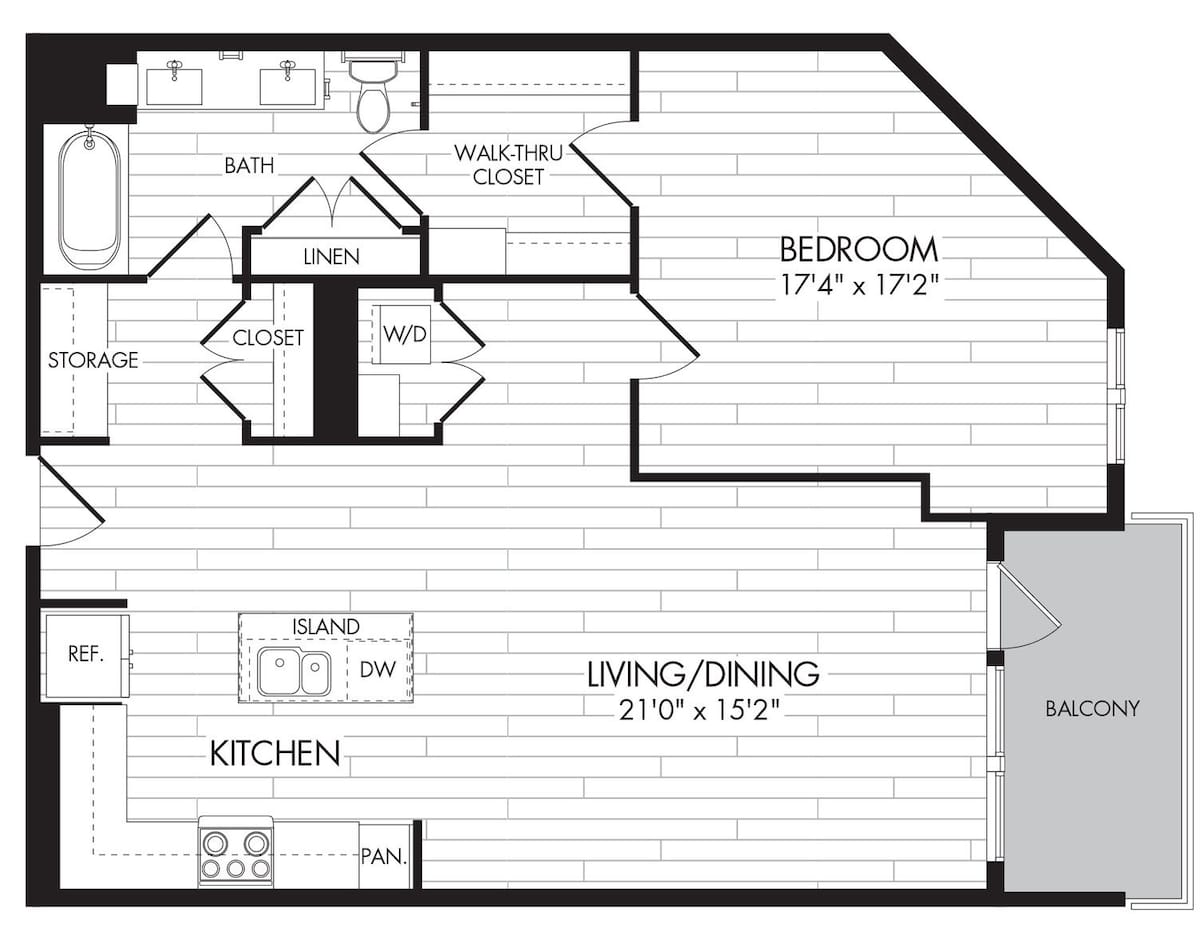 Floorplan diagram for 1T, showing 1 bedroom