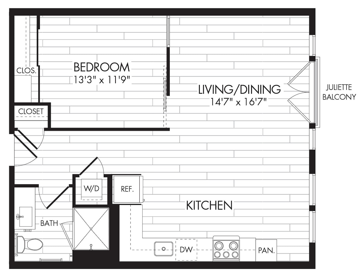 Sơ đồ mặt bằng cho 1L, hiển thị 1 phòng ngủ