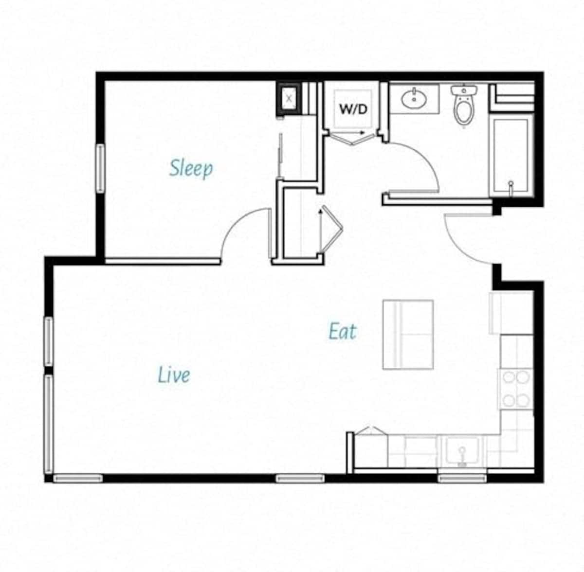 Floorplan diagram for A1- 1B, showing 1 bedroom