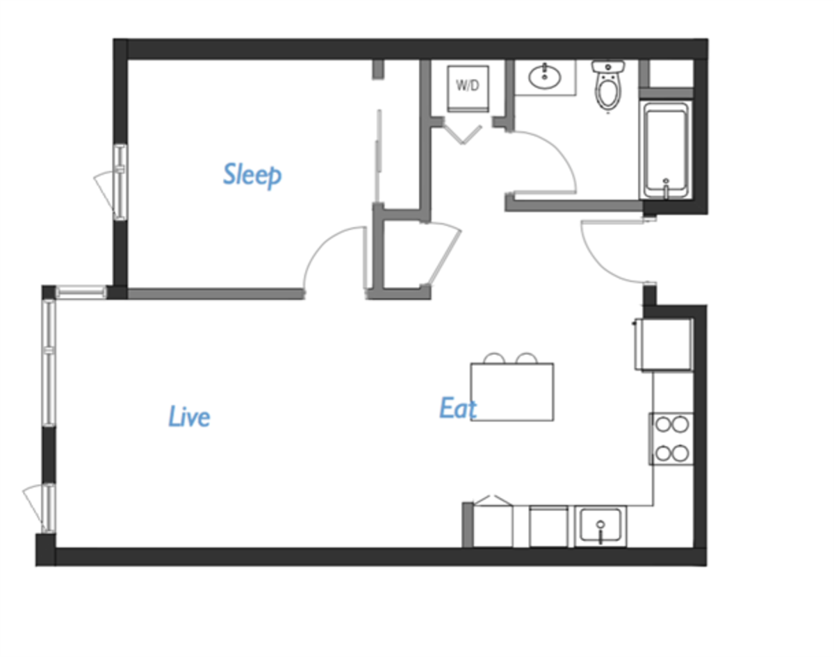 Floorplan diagram for A2- 1E, showing 1 bedroom