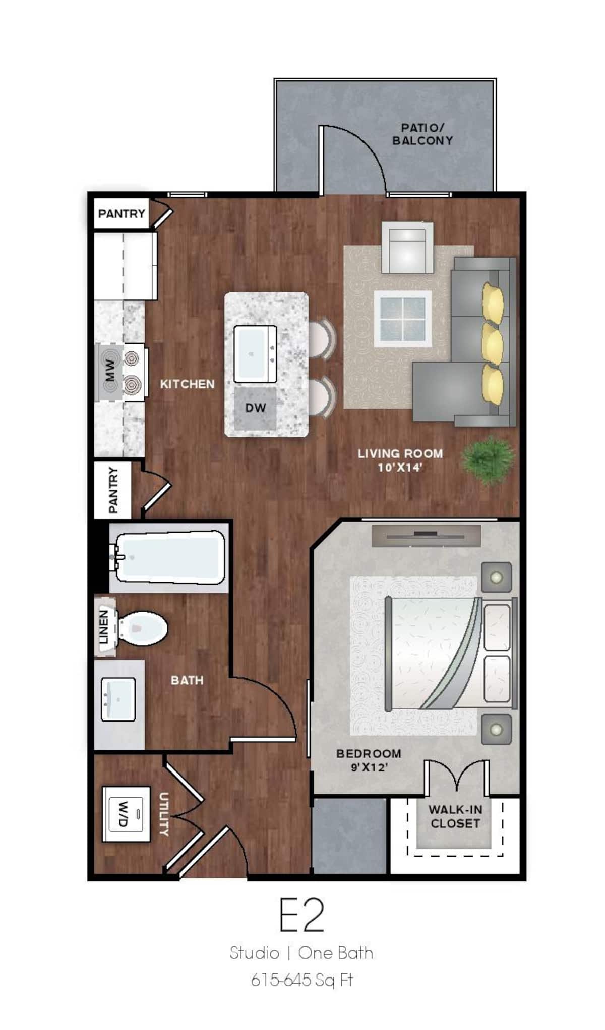 Floorplan diagram for E2, showing 1 bedroom