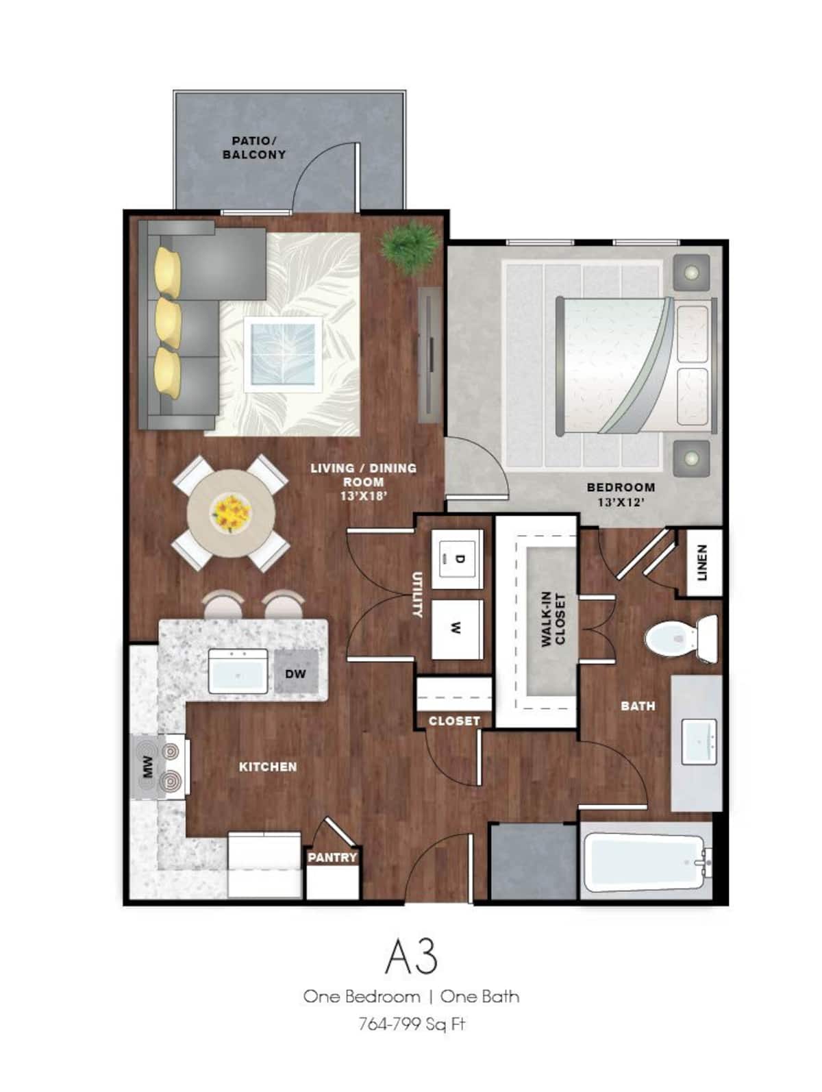 Floorplan diagram for A3, showing 1 bedroom