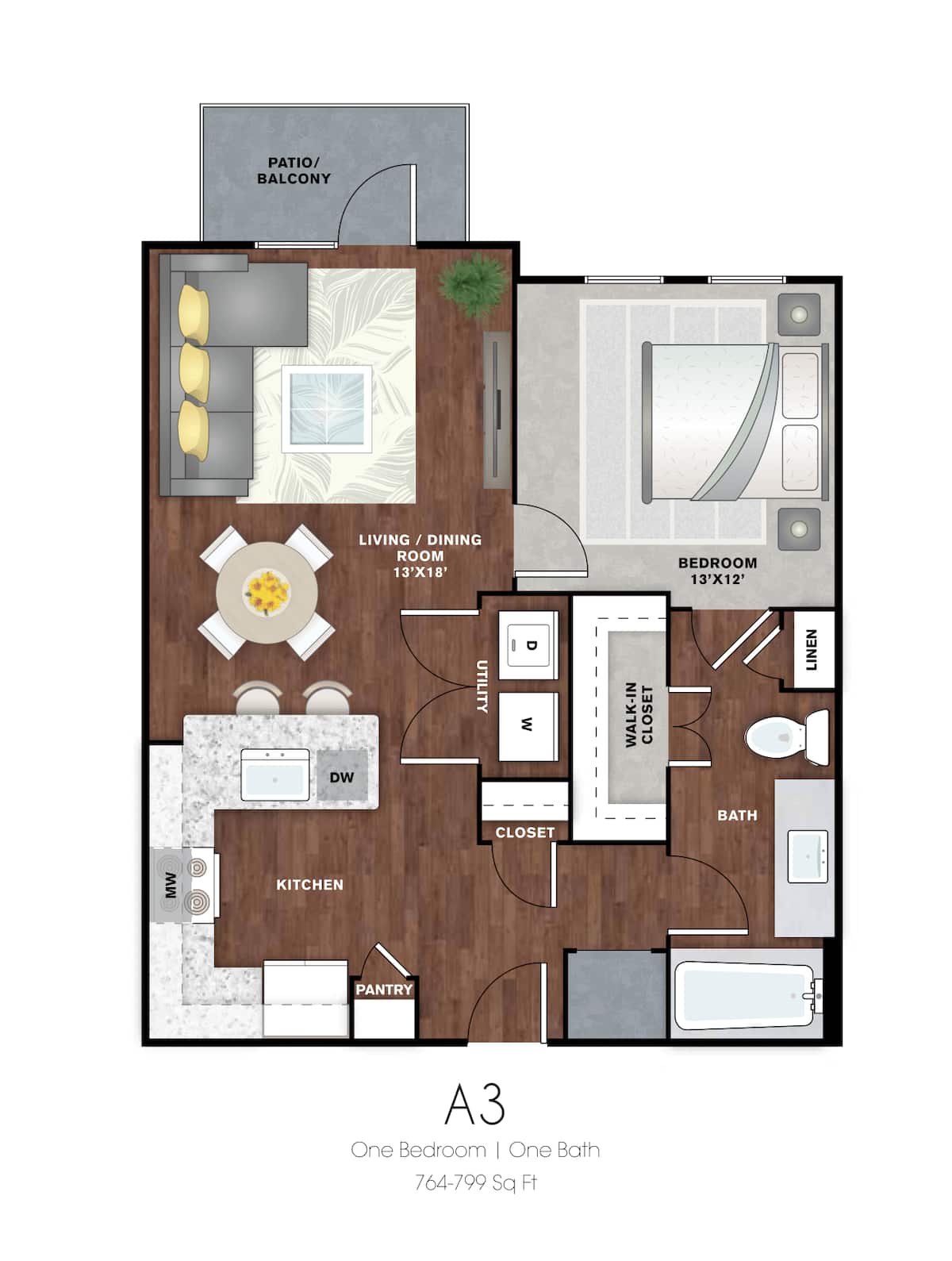 Floorplan diagram for A13, showing 1 bedroom