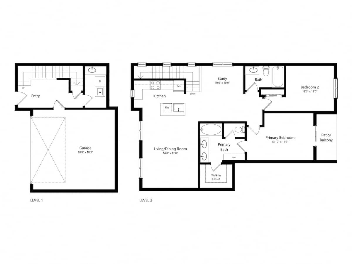 Floorplan diagram for 2 Bed  with den 2 Bath- 1407 sq ft Townhome , showing 2 bedroom