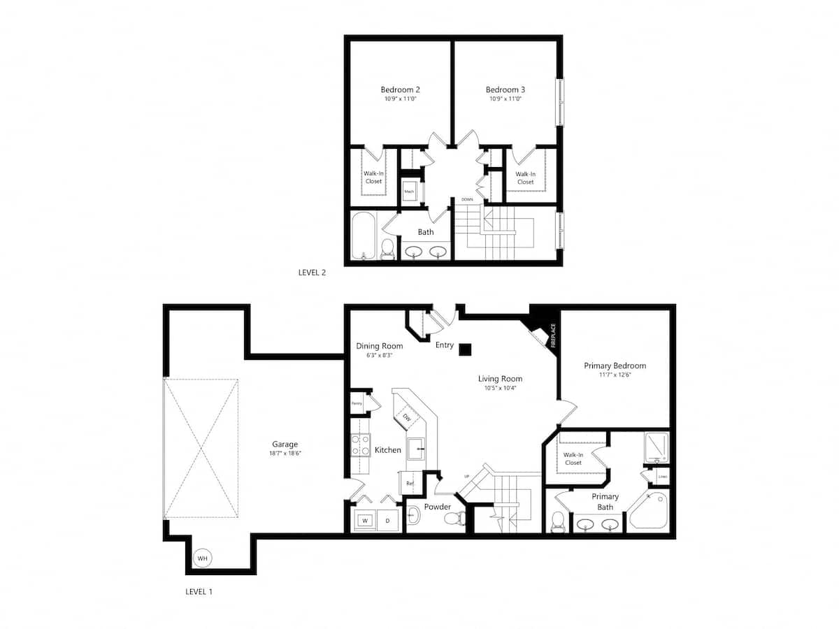 Floorplan diagram for 3 Bed 2.5- 1540 sq ft Townhome, showing 3 bedroom
