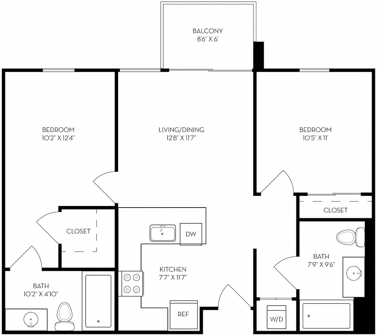 Diagram denah lantai untuk B2, yang menunjukkan 2 kamar tidur