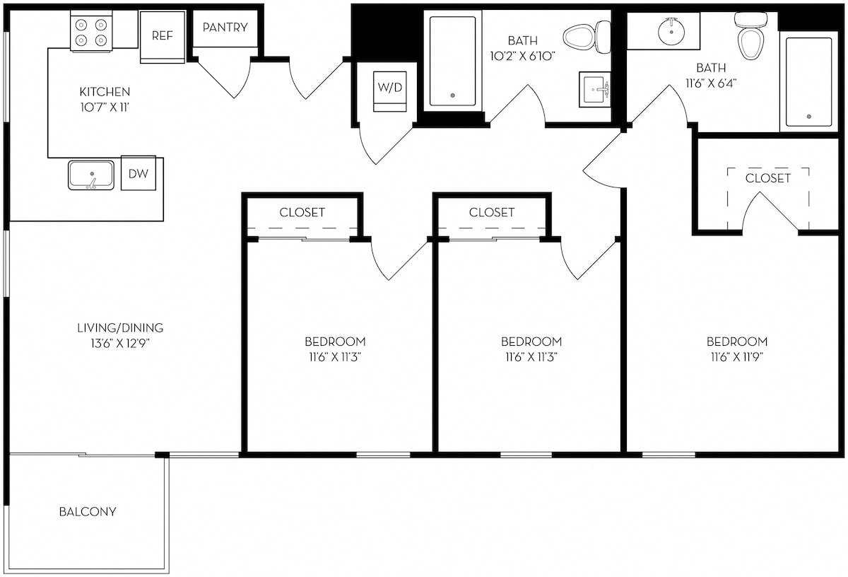 Diagram denah lantai untuk C1, yang menunjukkan 3 kamar tidur