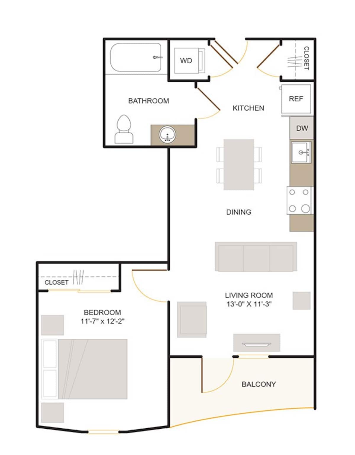 Floorplan diagram for B1 (1x1), showing 1 bedroom