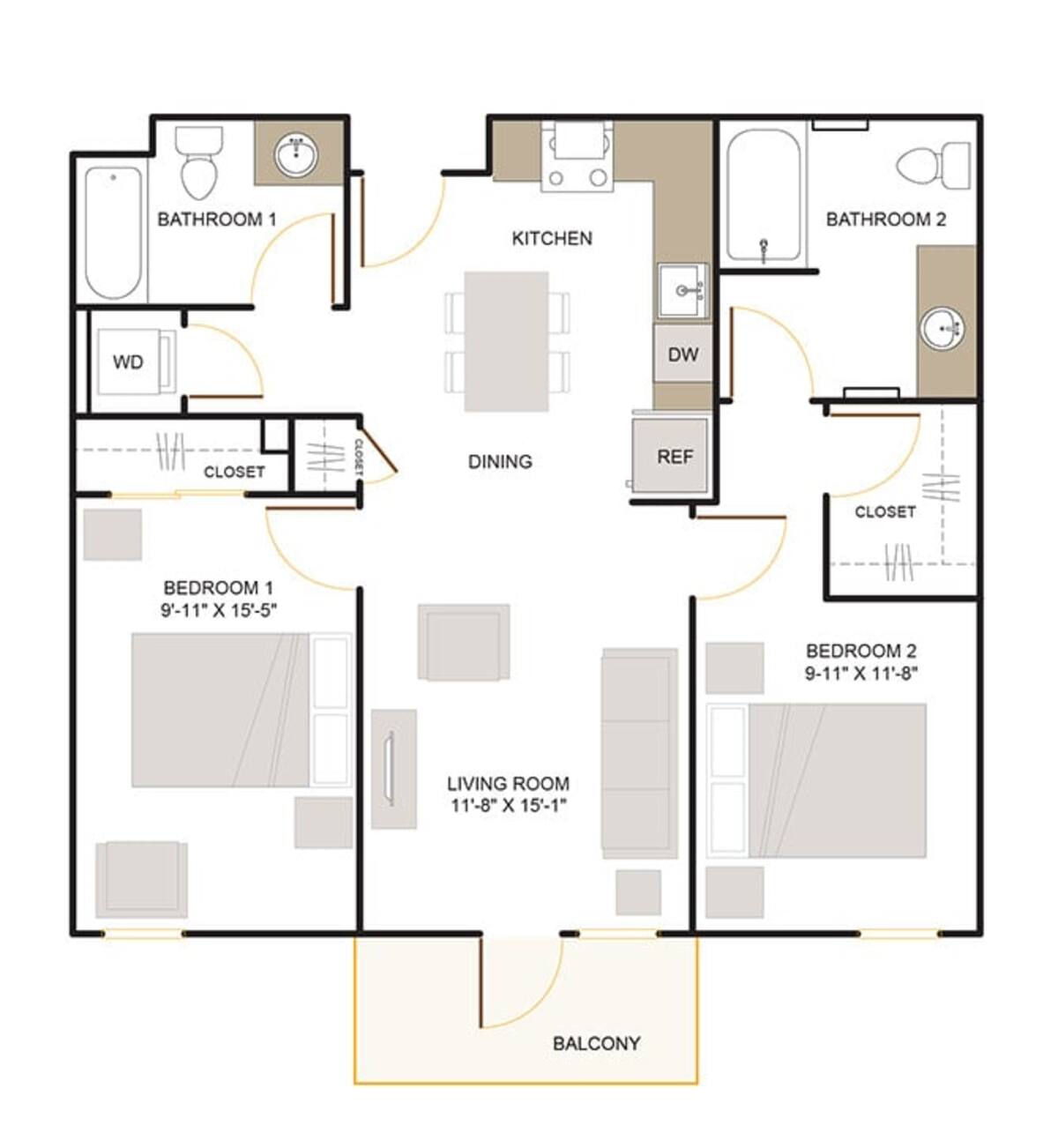 Floorplan diagram for C1 (2x2), showing 2 bedroom