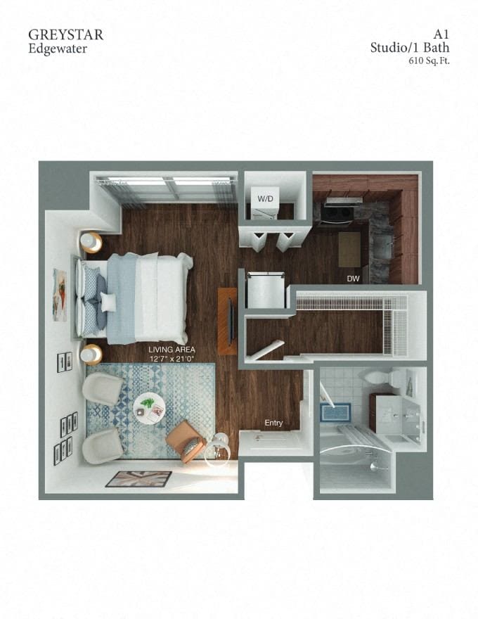 Floorplan diagram for A1 Studio 1 Bath, showing Studio