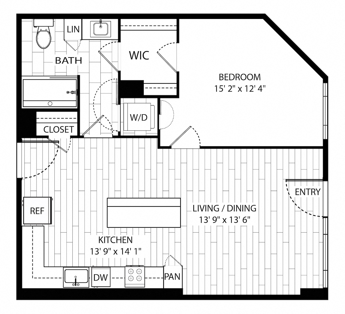 Diagram ng floorplan para sa Adler, na nagpapakita ng 1 kuwarto