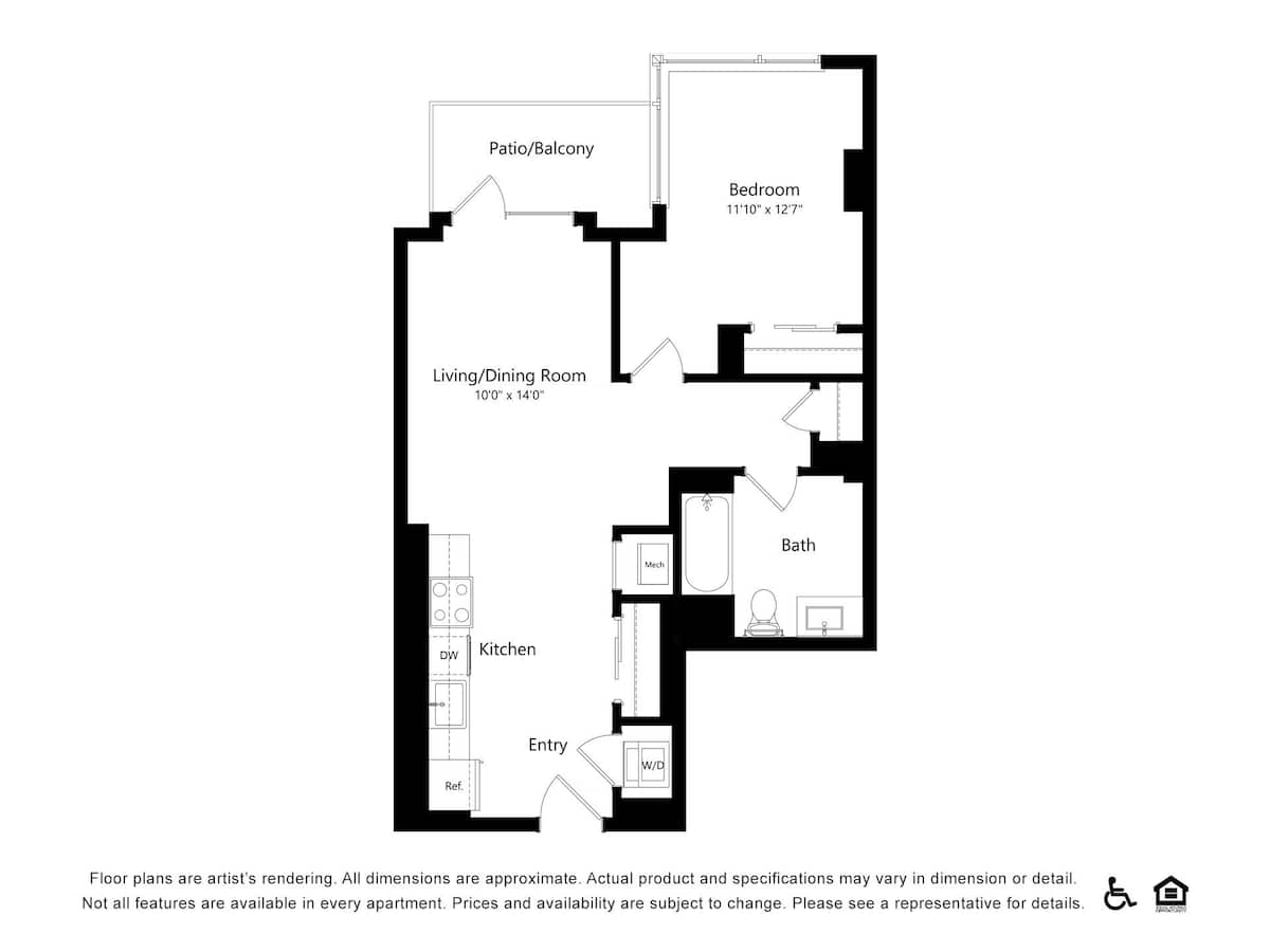 Floorplan diagram for B65, showing 1 bedroom