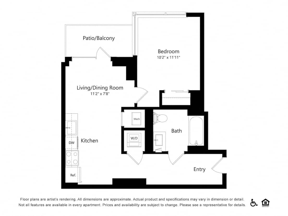 Floorplan diagram for B38, showing 1 bedroom