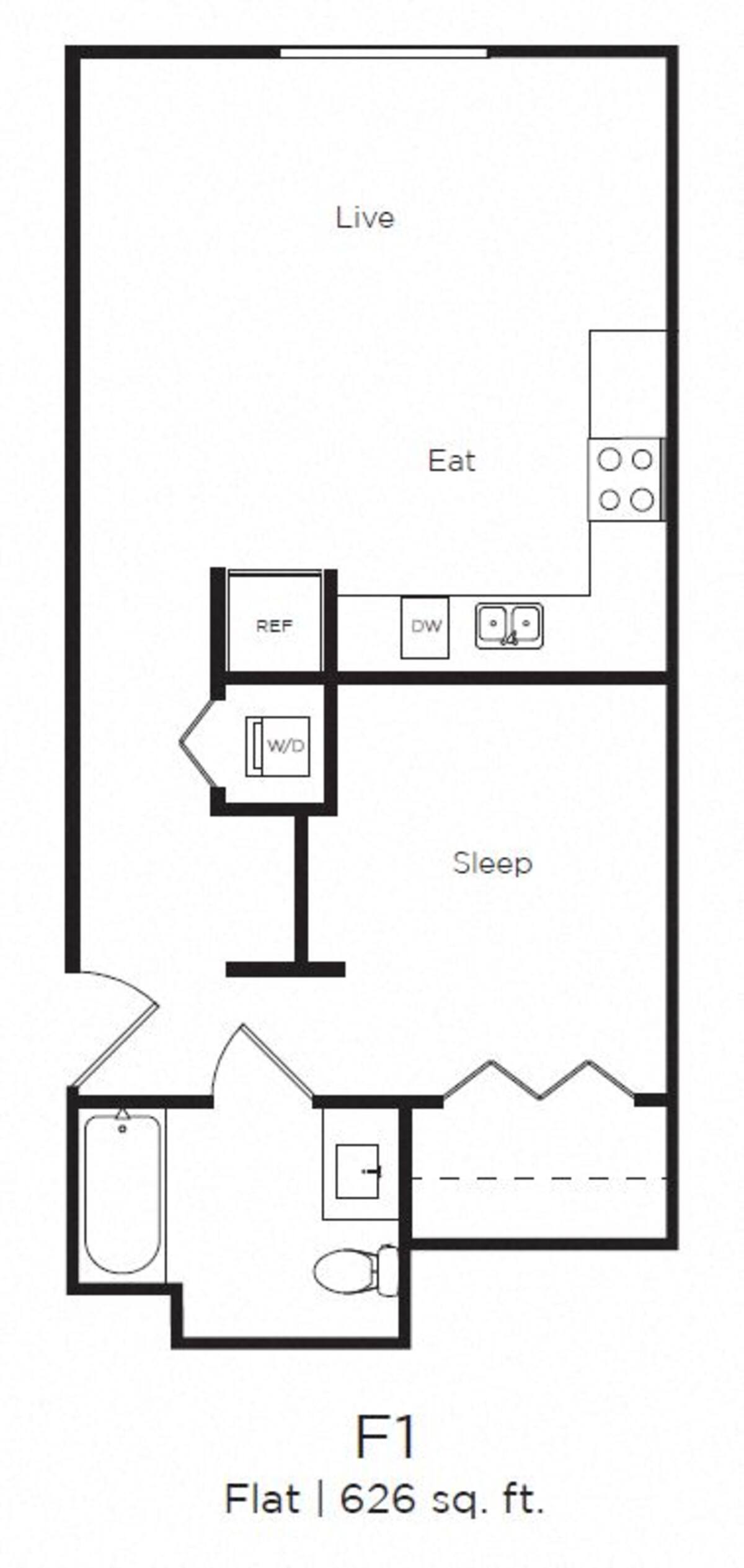 Floorplan diagram for Flat A 1 Bedroom, showing 1 bedroom